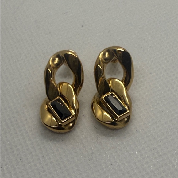 Jewelry - Stainless Steel Gold Tone Loop Earrings with Black Onyx